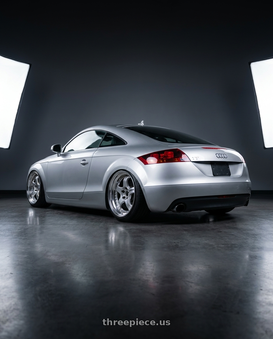 2008 Audi tt with Work Meister S1 3P 5x112 19x12.5+31 L Disk Silver wheels rear three quarter view slight stretch tires