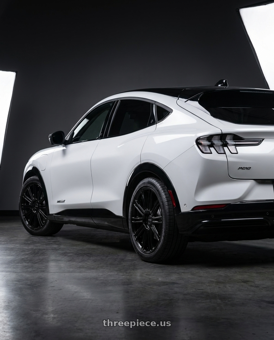 2021 .ustang mach e with Petrol PE001 P1D 5X108 19x8 +40 GLOSS BLACK wheels rear three quarter view square tires
