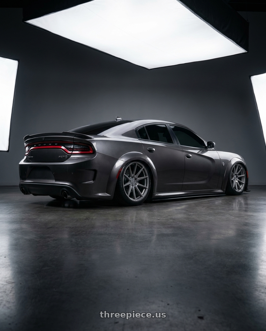 2017 Dodge Charger Srt Hellcat with Avant Garde Wheels M510 5X130 19x11 +52 Dolphin Grey wheels rear three quarter view slight stretch tires