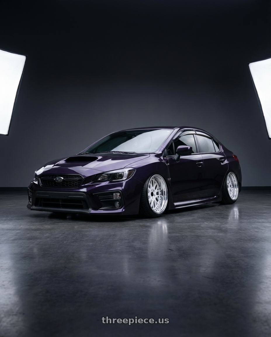 2017 Subaru wrx with Heritage Wheel OKAYAMA wheels front three quarter view slammed stance