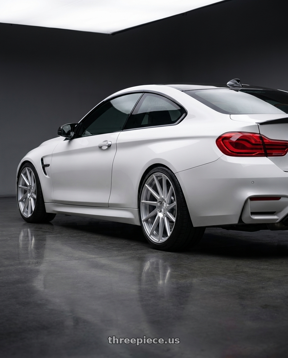 2018 BMW M4 F82 with Niche 1PC M112 SURGE 5X120 19X8.5 +35 GLOSS SILVER MACHINED wheels rear three quarter view square tires