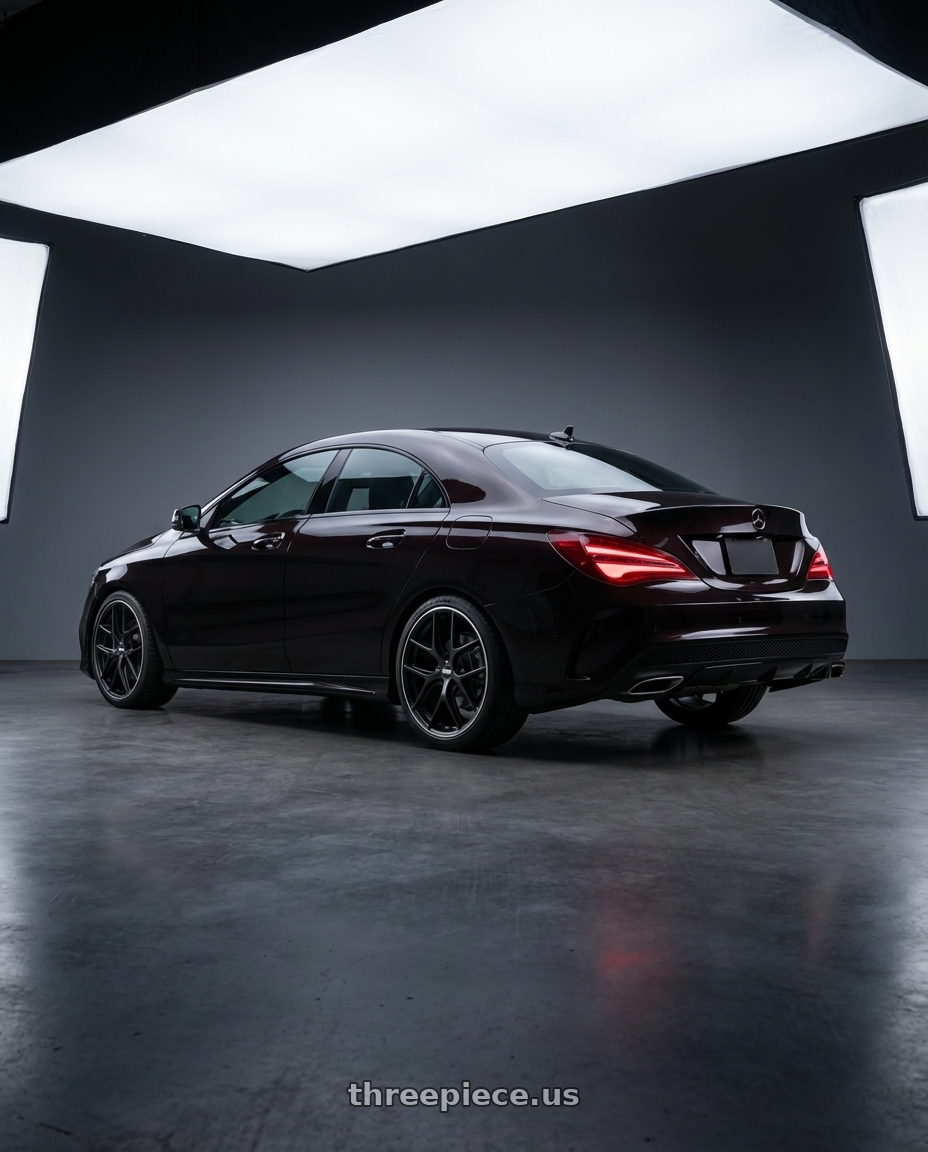 2018 Mercedes-Benz CLA C117 with BBS CC-R 5x112 19x8.5+30 Satin Black wheels rear three quarter view square tires