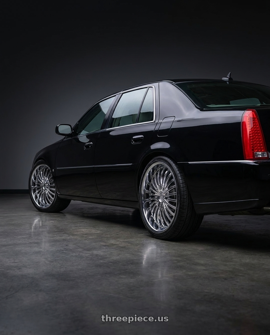 2009 cadillac dts platinum black with Strada Spina 5x115/5x120 22x8.5 +15 Chrome wheels rear three quarter view slight stretch tires