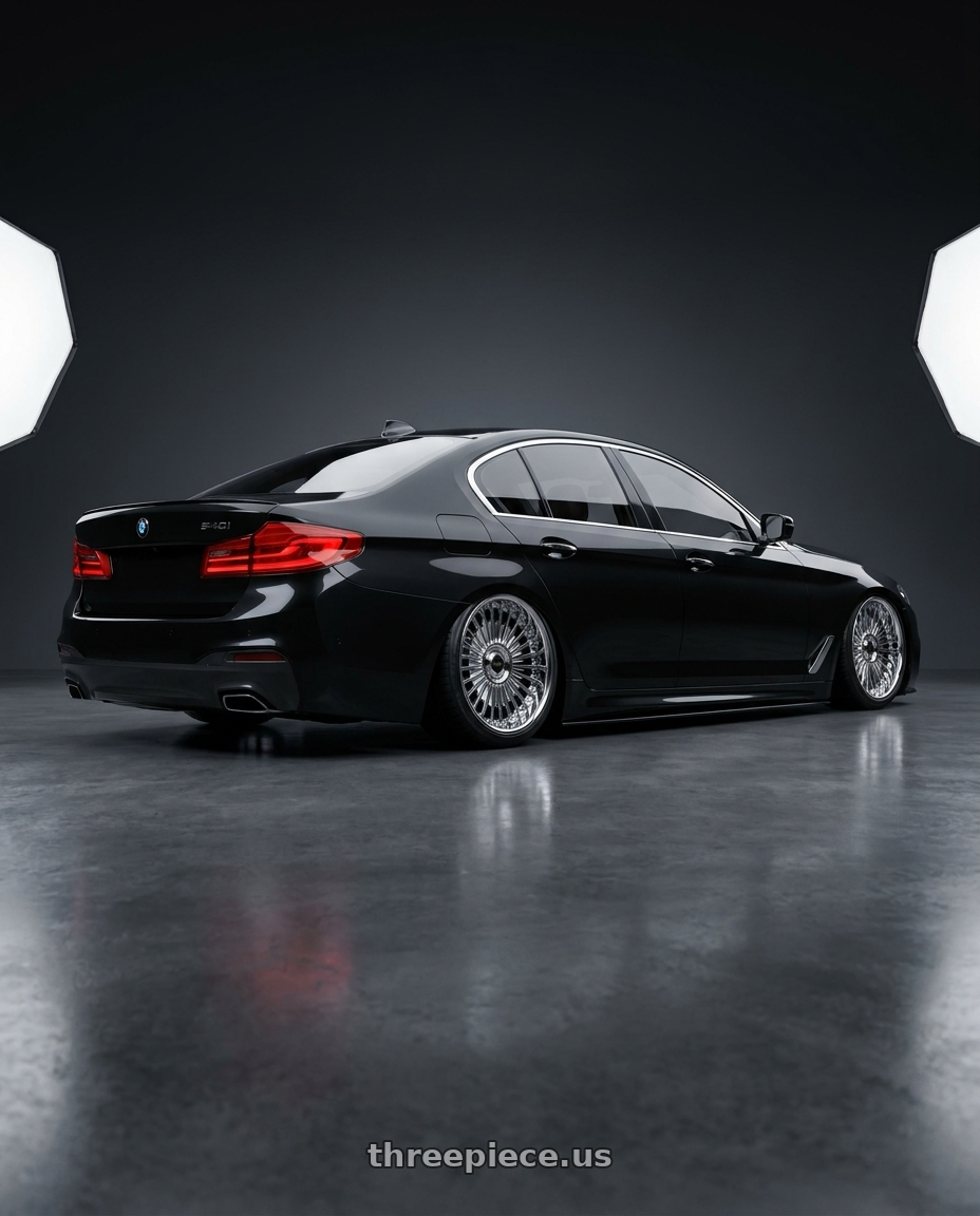 2017 BMW 540i Base  with Work Emitz Chrome 5x112 19x9.5 +38 wheels rear three quarter view square tires