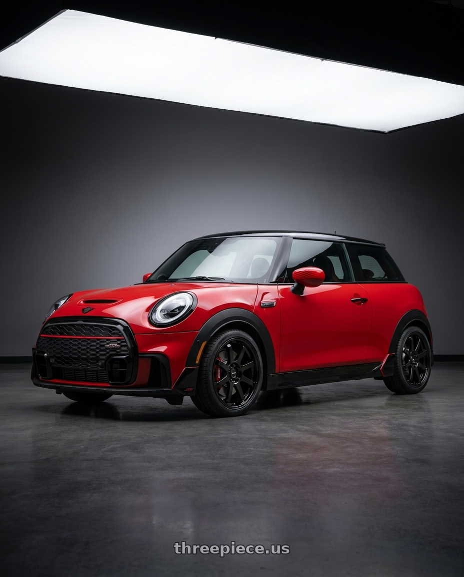 2025 mini jcw red with Enkei Vanquish 5x112 18x8+45 Gloss Black wheels