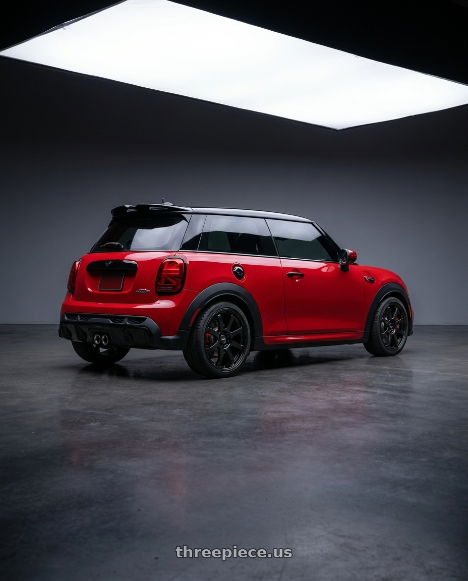 2025 mini jcw red with Enkei Vanquish 5x112 18x8+45 Gloss Black wheels rear three quarter view square tires