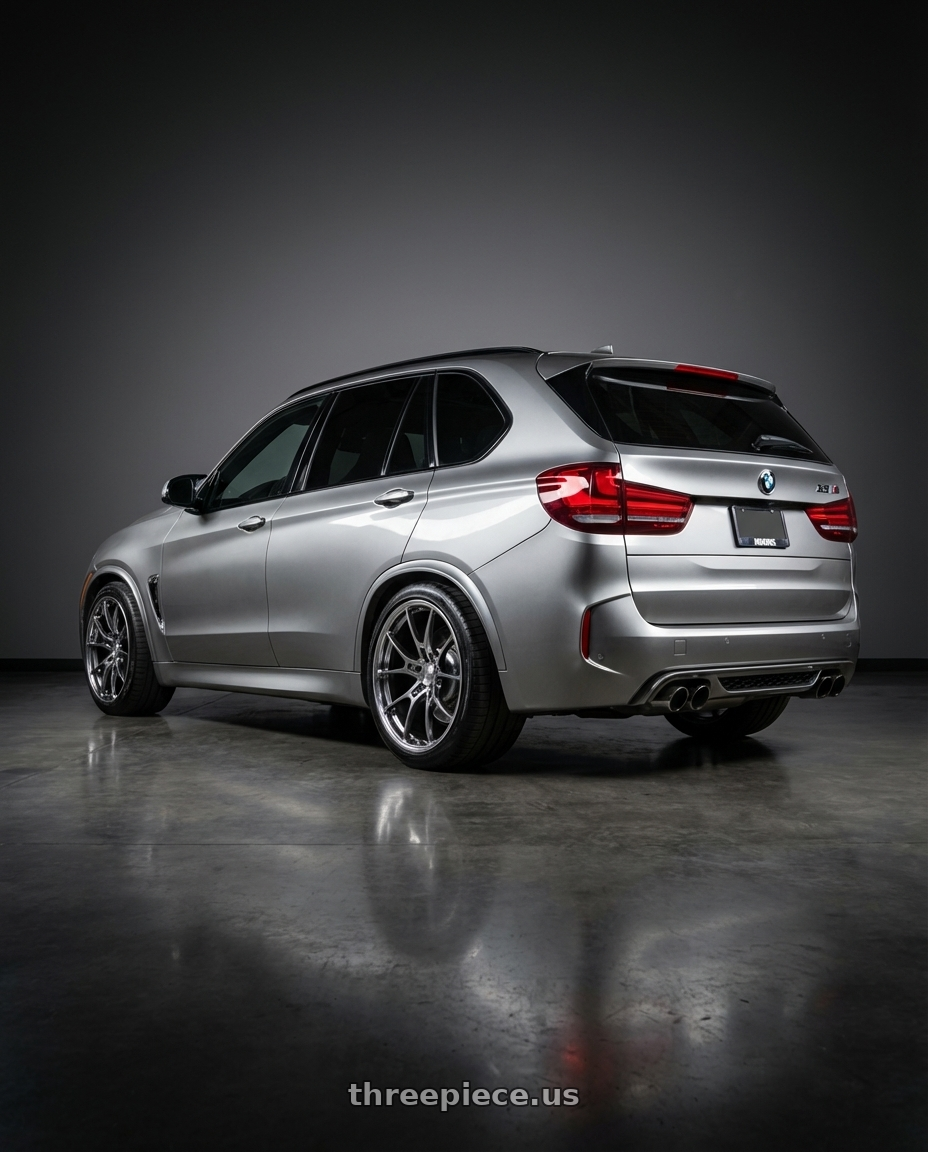 2018 BMW X5 M with Volk Racing G025 LC 5x114.3 20x10 +35 SHINING LIGHT METAL / RIM FDMC wheels rear three quarter view slight stretch tires