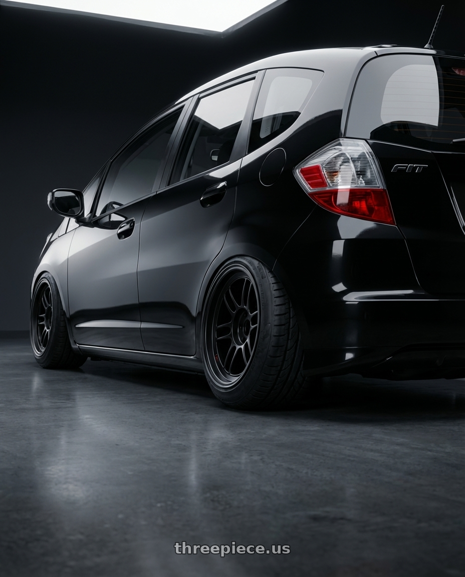 2010 Honda Fit, Black with Enkei RPF1 4x100 15x8+28 Black wheels rear three quarter view meaty tires