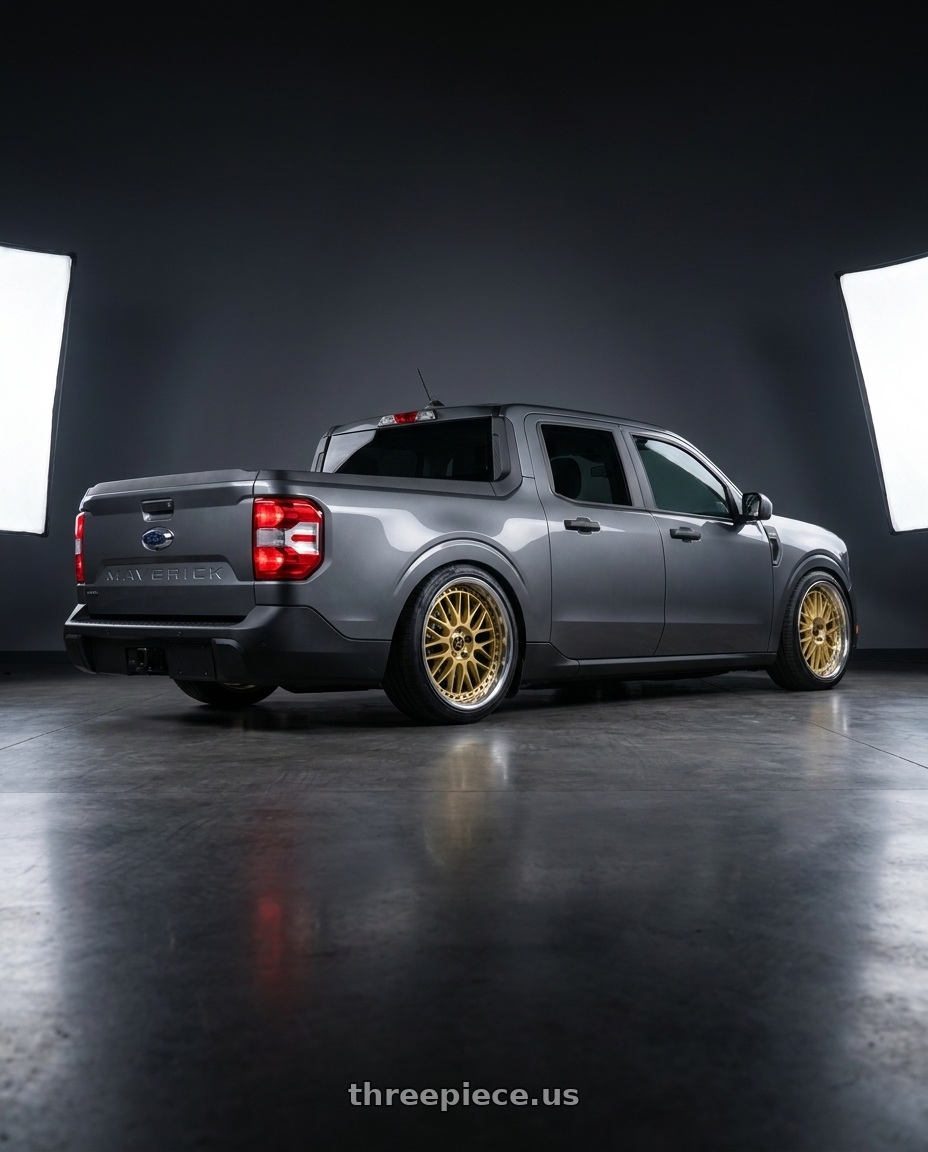 2026 ford maverick with Work Vs-Xx 5x108 19x10+38 O Disk Gold wheels rear three quarter view slight stretch tires