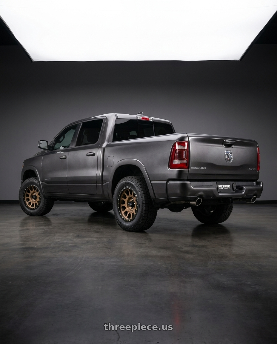 2021 Ram 1500 Laramie with Method Race Wheels 305BZ NV 6x139.7 18x9 -12 METHOD BRONZE wheels rear three quarter view square tires