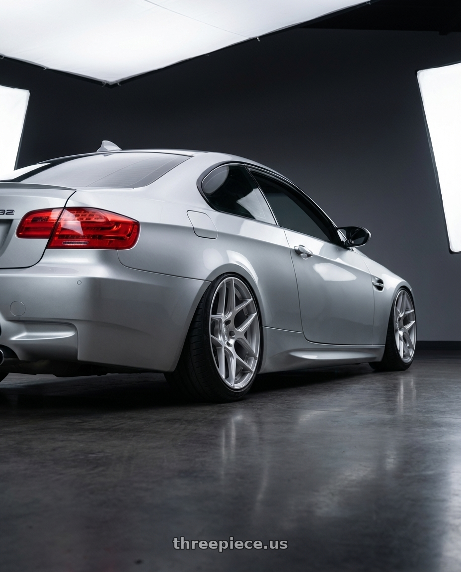 2012 BMW 3 Series E92 with Aodhan AFF2 5x120 19x8.5+35 Gloss Silver Machined Face wheels rear three quarter view slight stretch tires