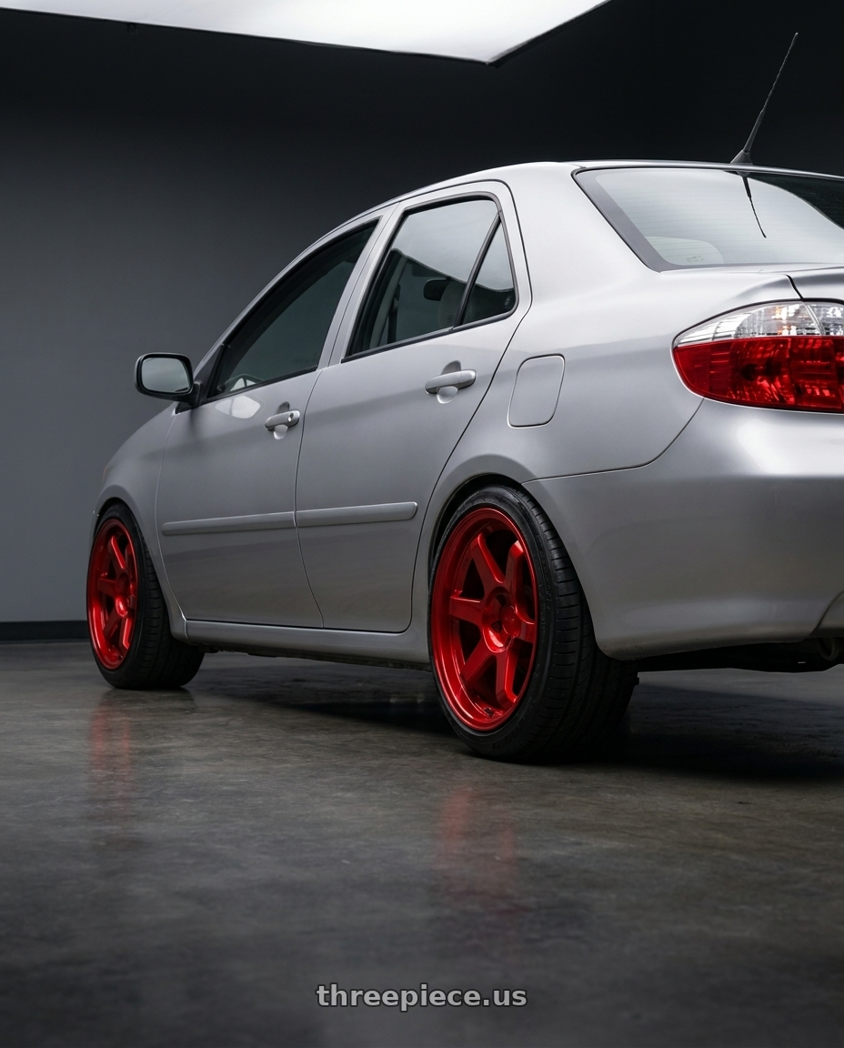 2003 Toyota Vios with 9six9 SIX-1 5x114.3 18X8.5 +20 Candy Apple Red wheels rear three quarter view square tires