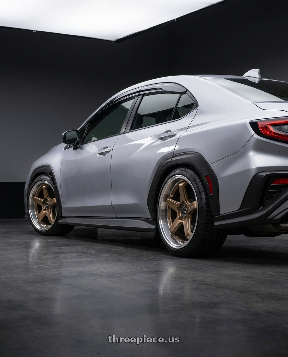 2022 subie wrx  with F1R FC5 5x114 18x8.5 +38 Satin Bronze/Polish Lip wheels rear three quarter view square tires