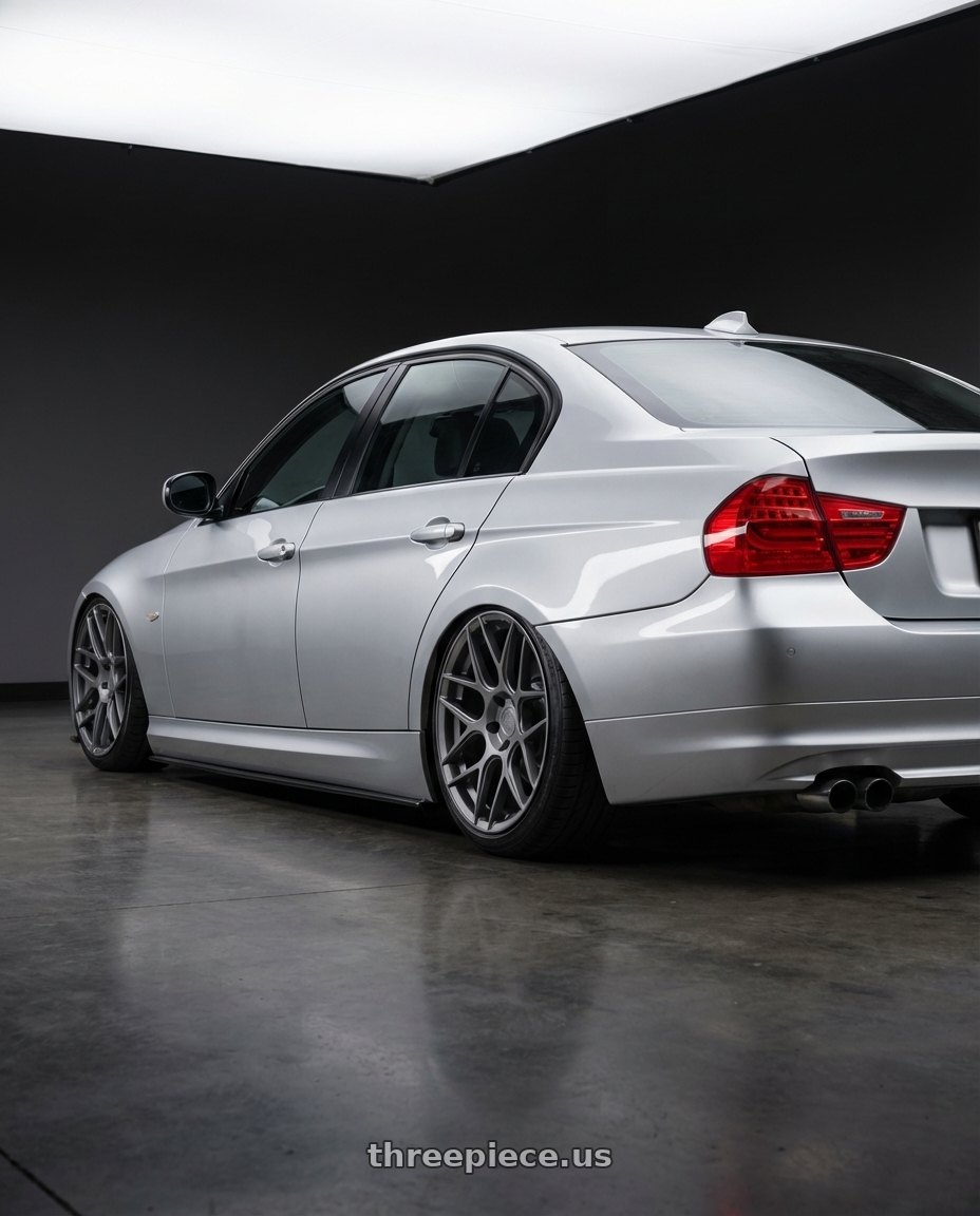 2012 BMW 3 Series E92 with Aodhan AFF2 5x120 19x8.5+35 Matte Gray wheels rear three quarter view slight stretch tires