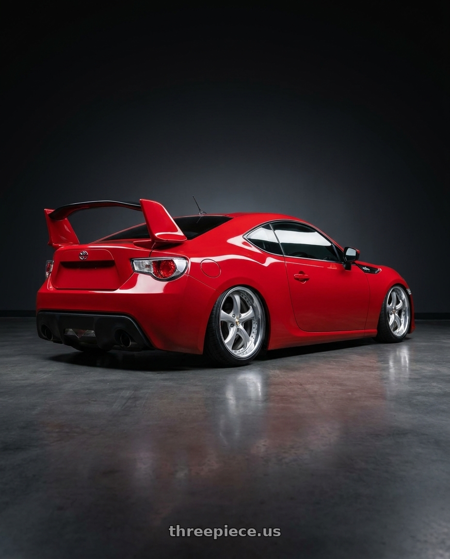 2012 Toyota 86 GTS Mt with Work Wheels VS-KF 5x100 18x7+34 Light Grey Silver O Disk FULL REVERSE wheels rear three quarter view square tires