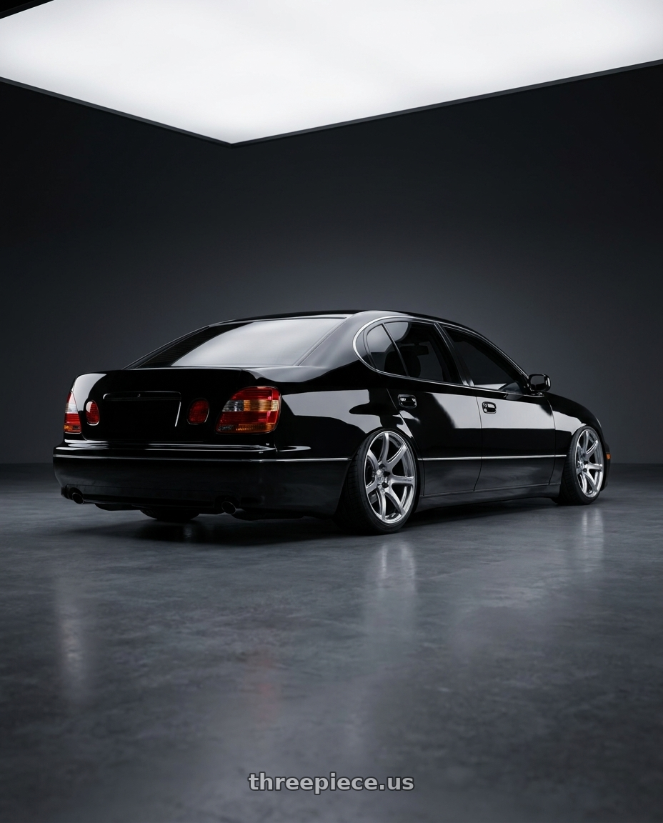 2004 Lexus gs300 with Work Emotion T7r 5x100 18x10.5 +12 Gt Silver wheels rear three quarter view slight stretch tires