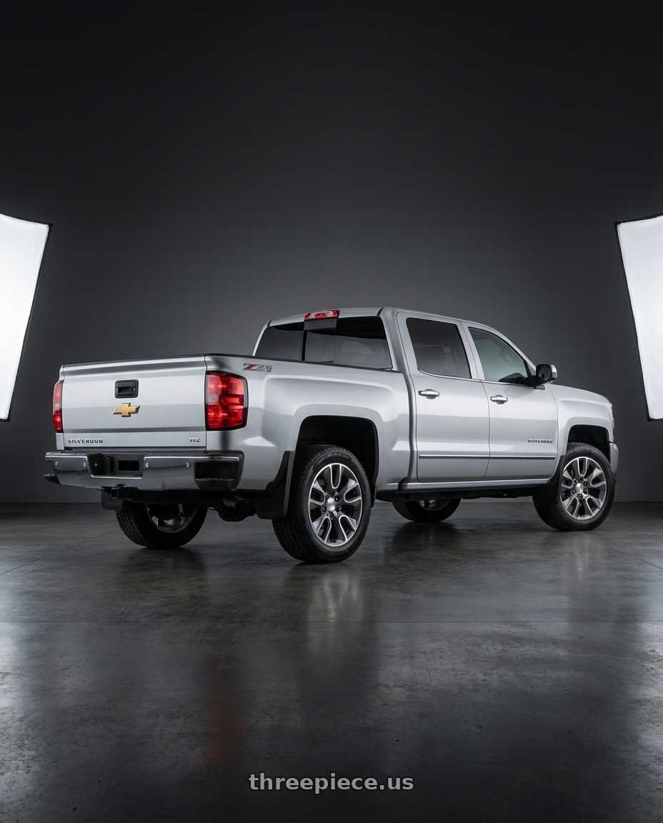 2017 Chevrolet Silverado ltz 4x4 with OE Wheels CV32 6x139.7 20x9+28 Machined wheels rear three quarter view square tires