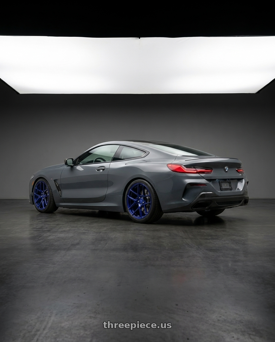 2023 Bmw 8 Series M8 with MRR FS1 5x130 18x8.5  +45 Candy Blue wheels rear three quarter view square tires