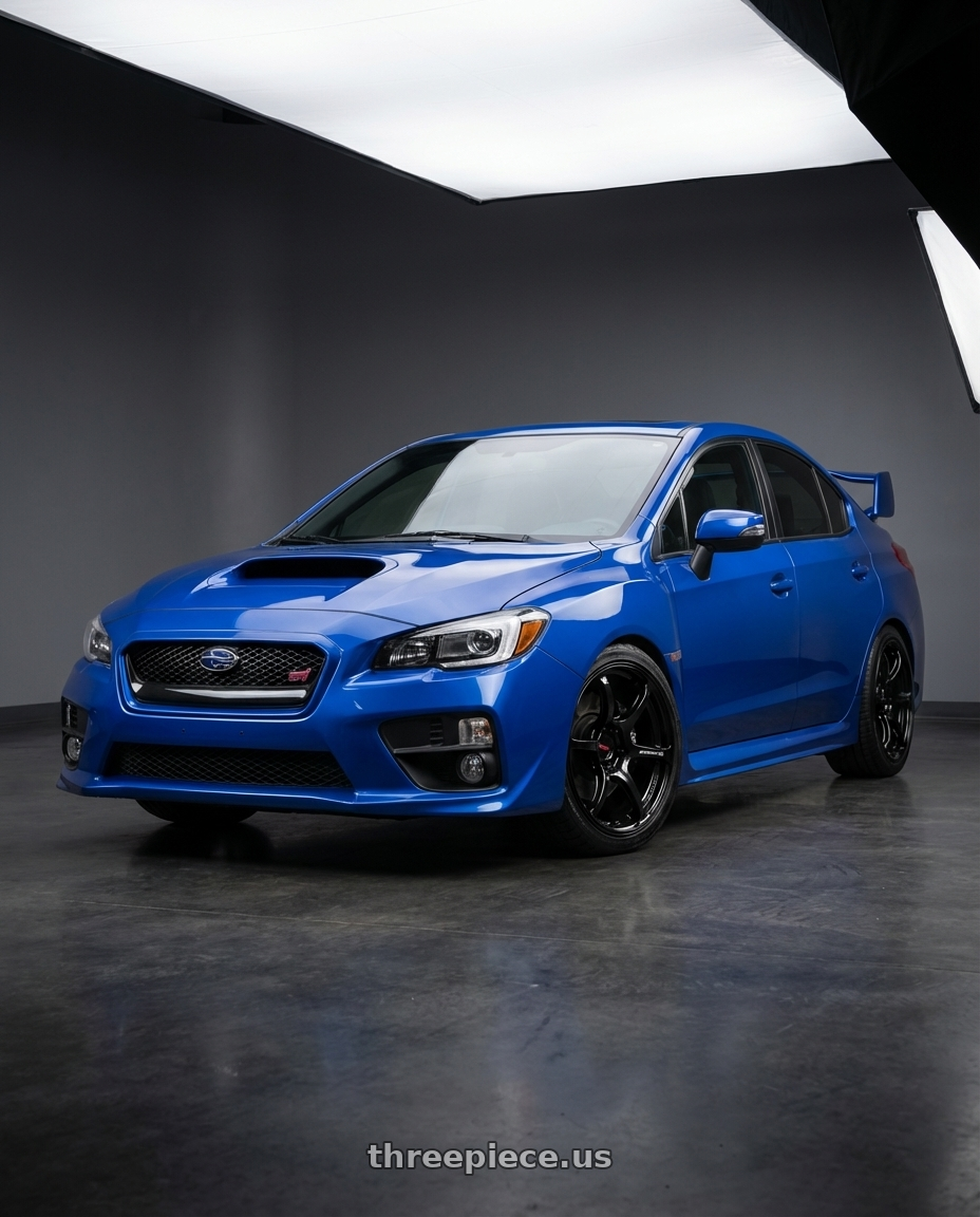 2013 Subaru WRX STI with Advan RGIII 5x114.3 18x8.5+31 Gloss Black wheels front three quarter view lowered stance