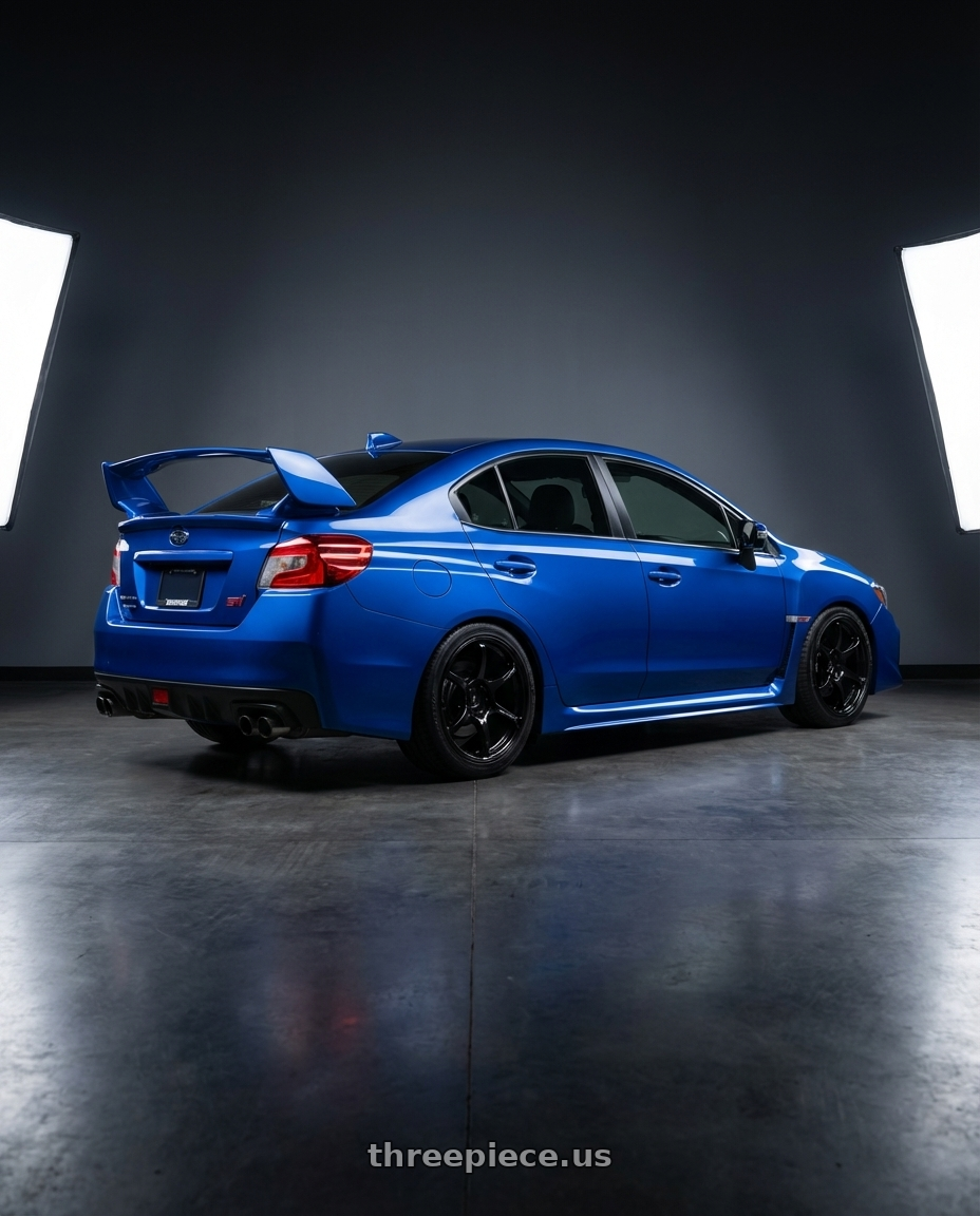 2013 Subaru WRX STI with Advan RGIII 5x114.3 18x8.5+31 Gloss Black wheels rear three quarter view square tires