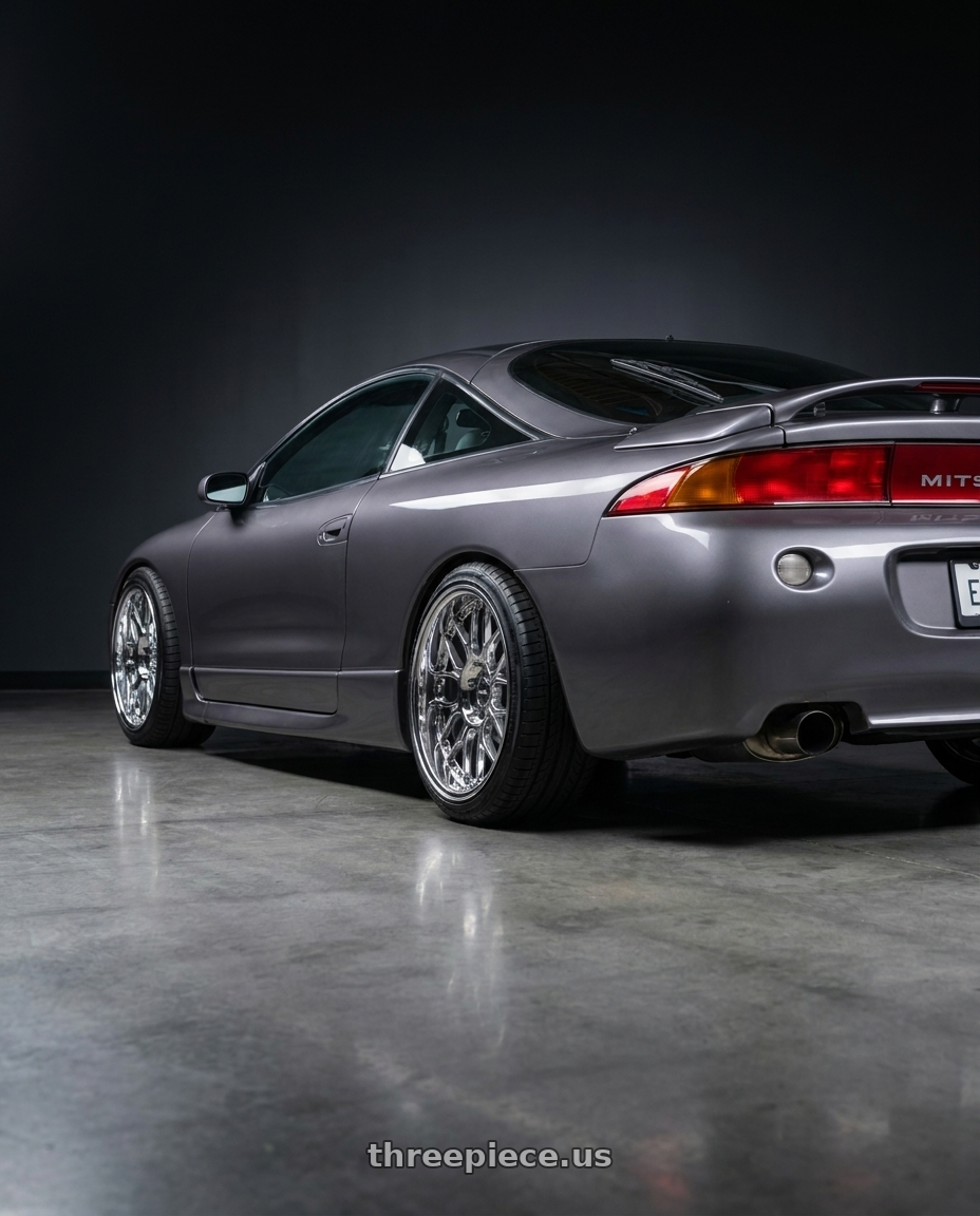 1997 Mitsubishi eclipse with ESR Wheels CS18 5x114.3 18x8.5 +35 Vacuum Chrome wheels rear three quarter view square tires