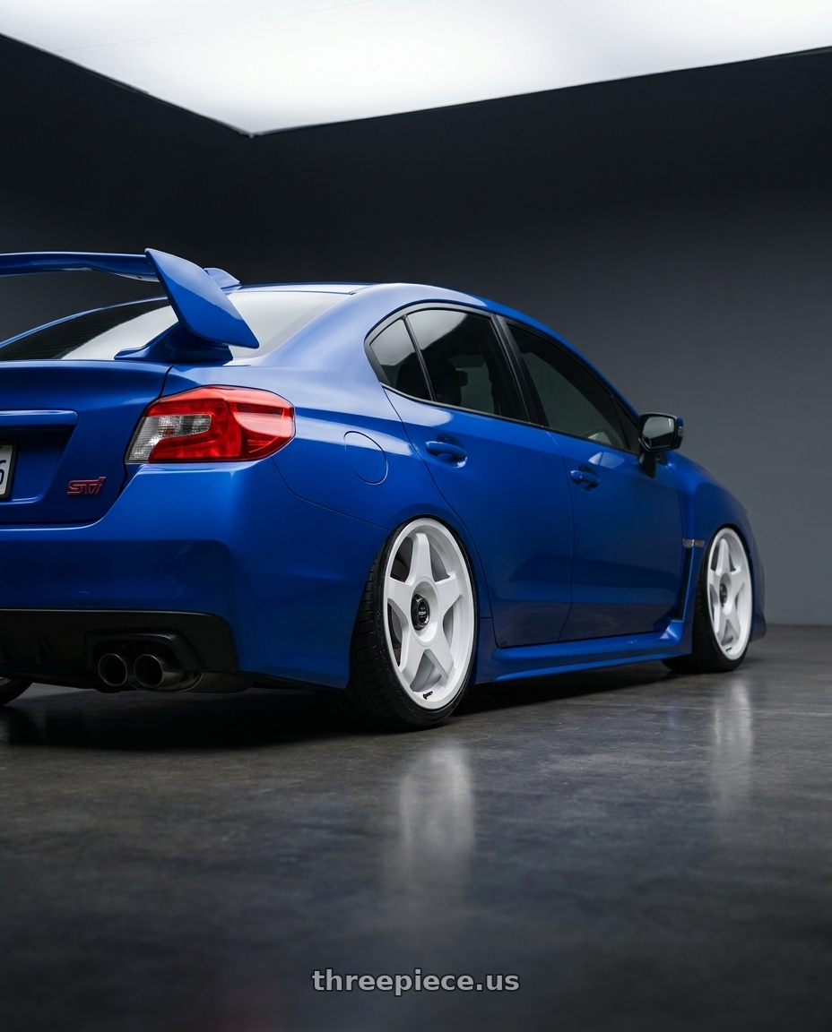 2018 Subaru WRX STI with fifteen52 CHICANE 5x114.3 / 5x100 18x8.5 +35 RALLY WHITE (GLOSS WHITE) wheels rear three quarter view slight stretch tires