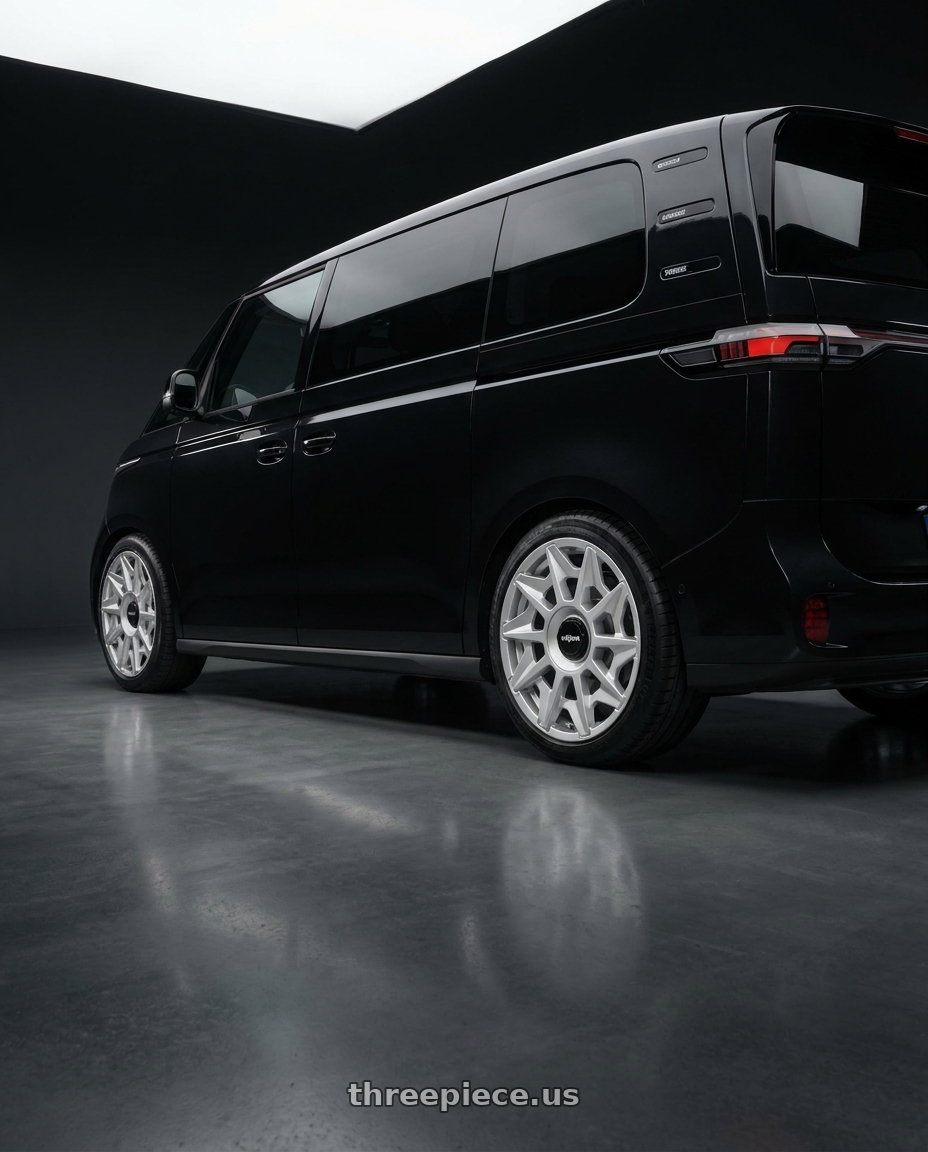 2025 VW ID Buzz  with Rotiform 1PC R124 CVT 5X112/5X120 20X8.5 +45 GLOSS SILVER wheels rear three quarter view square tires