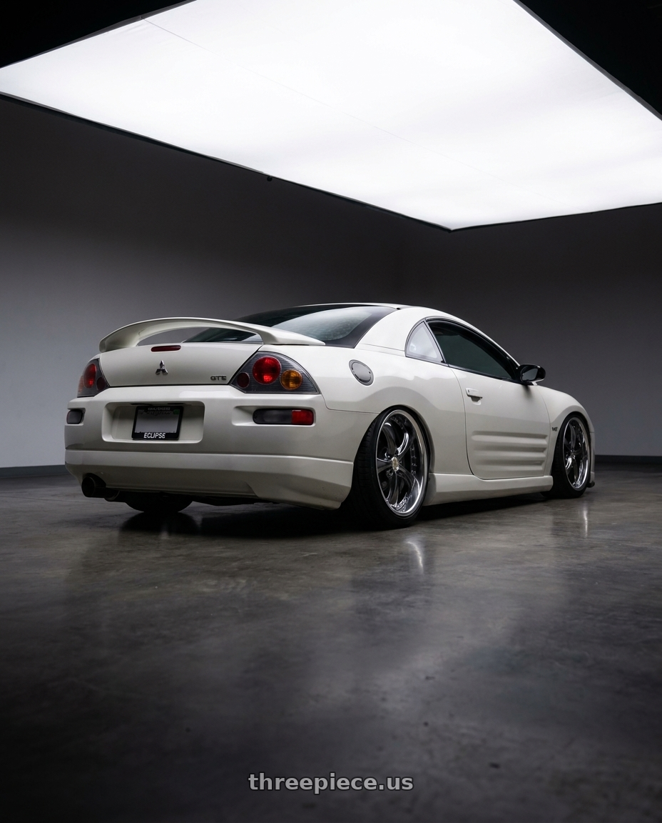 2003 mitsubishi eclipse gts white with Work Wheels VS-KF 5x114.3 18x9.5+9 Brilliant Silver Black A Disk FULL REVERSE wheels rear three quarter view slight stretch tires
