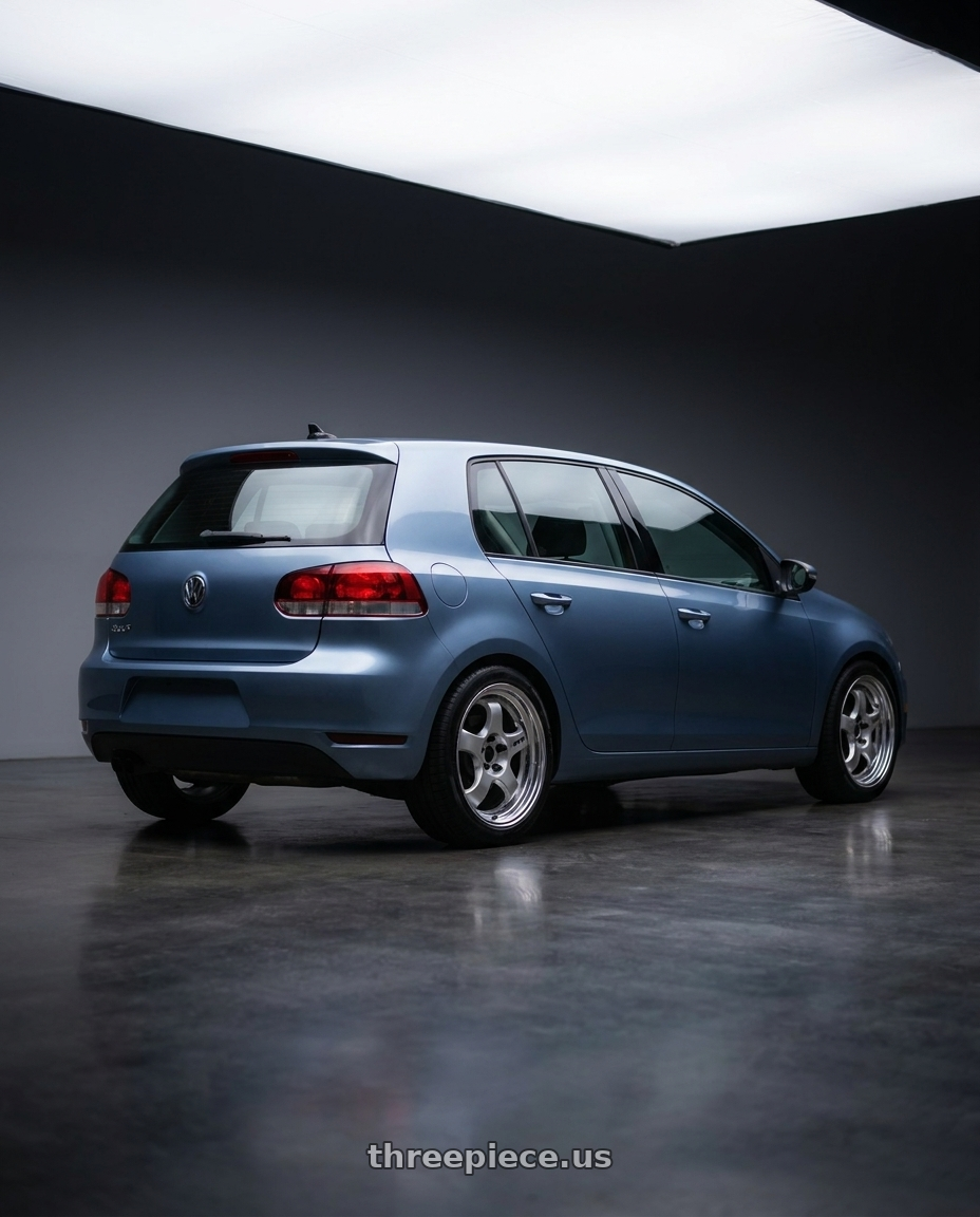 2011 VW Golf 2.5 with Work Meister S1 2P 5x112 15x6.5+12 O Disk Silver wheels rear three quarter view square tires