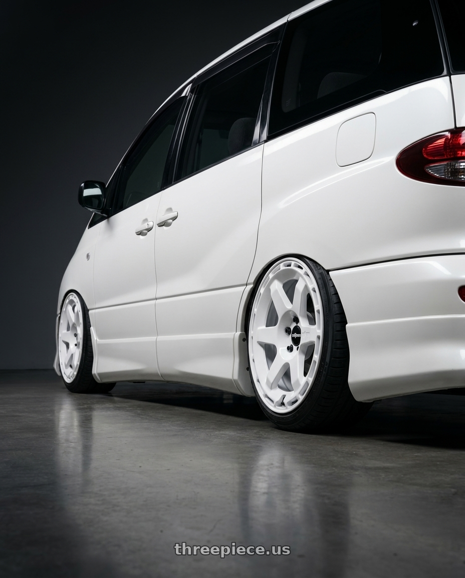 2000 estima acr30w with Rotiform 1PC R183 KB1 5X114.3 19X8.5 +40 GLOSS WHITE wheels rear three quarter view slight stretch tires