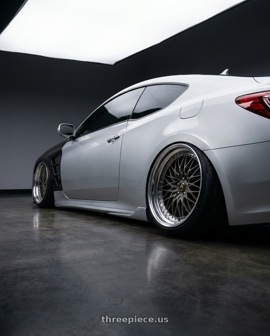 2013 genesis coupe with Work Vs-Xv 5x114.3 19x11-5 R Disk Matte Dark Gunmetal wheels rear three quarter view extreme stretch tires
