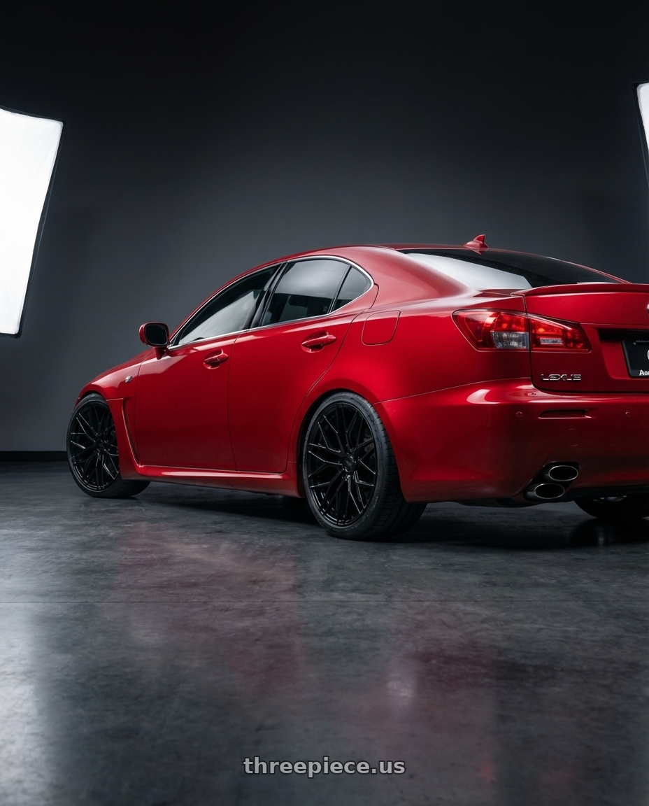 2012 Lexus IS-F with Avant Garde Wheels M520R 5X114.3 19x8.5 +35 Gloss Black wheels rear three quarter view square tires