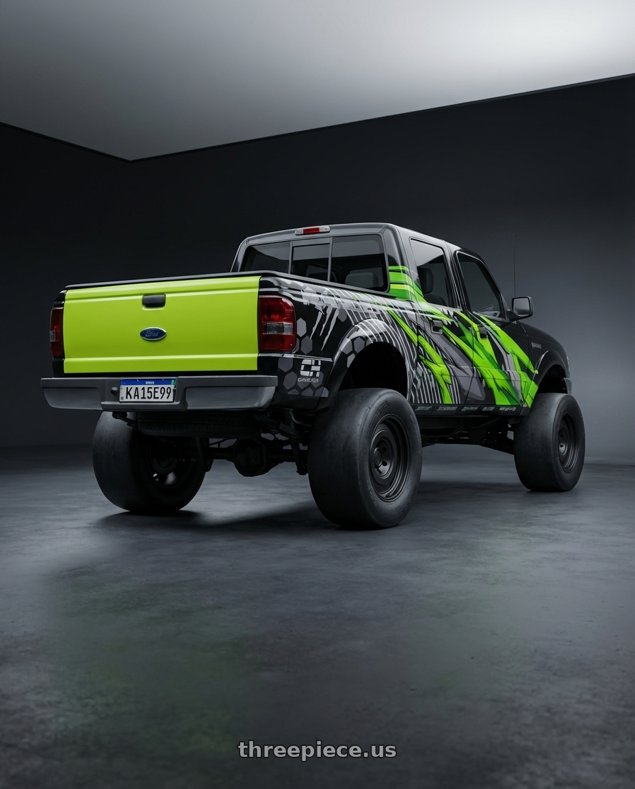ford ranger 2005 cabine dupla adesivada de verde com a tampa da traseira verde limão  with fifteen52 ANALOG HD 5x150 17x8.0 +25 ASPHALT BLACK (SATIN BLACK) wheels rear three quarter view excessive tires