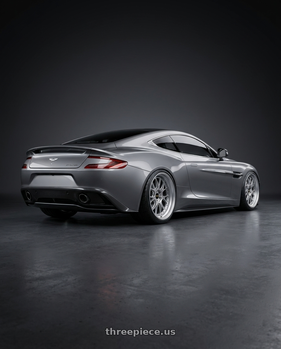 2014 Aston Martin Vanquish with BBS LM-R 5x120 19x9.5+25 Diamond Silver wheels rear three quarter view extreme stretch tires