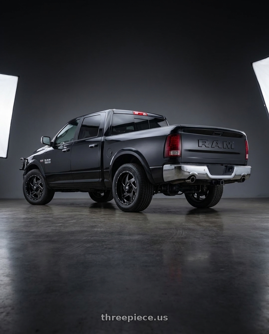 2016 ram 1500 with FULL THROTTLE FT6052 5x139.7/5x150 18x9-12 BLACK / MILLED wheels rear three quarter view slight stretch tires