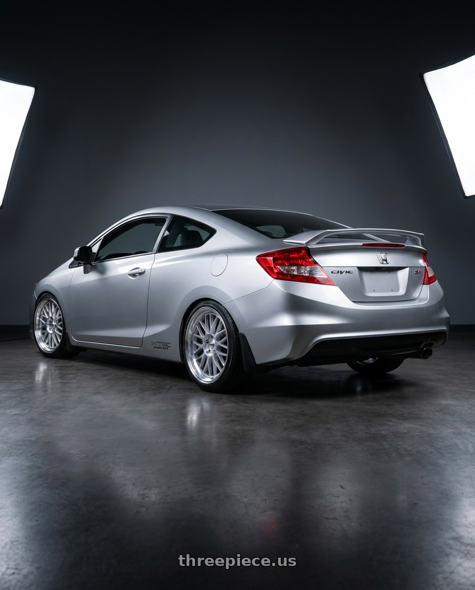 2012 Honda Civic Si Coupe Silver with KATANA RACING KR06 5x114.3 18x8 +40 Glossy Silver Machine Lip wheels rear three quarter view slight stretch tires