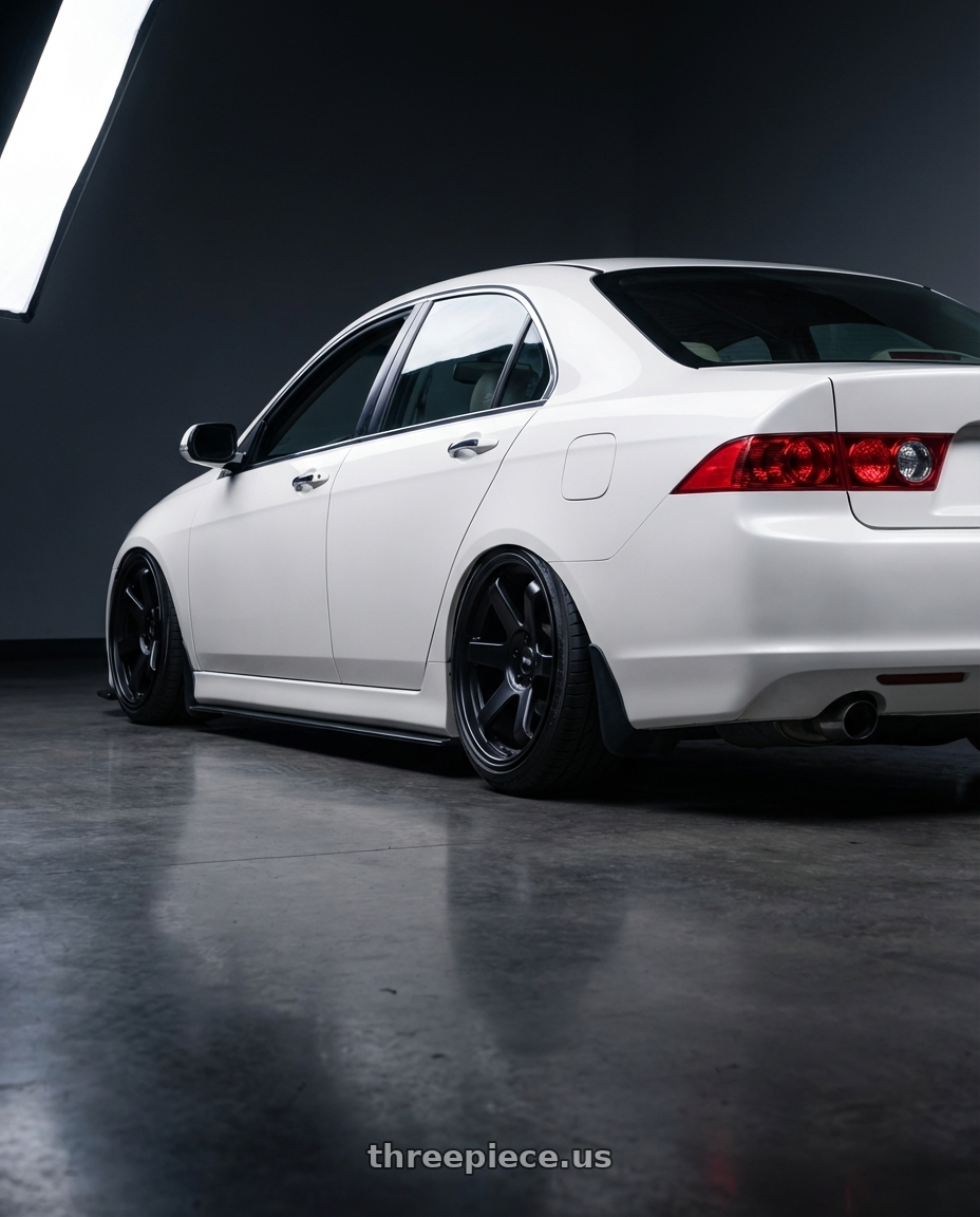 2005 Acura Tsx with F1R F106 5x114.3 17x8 +35 Satin Black wheels rear three quarter view slight stretch tires