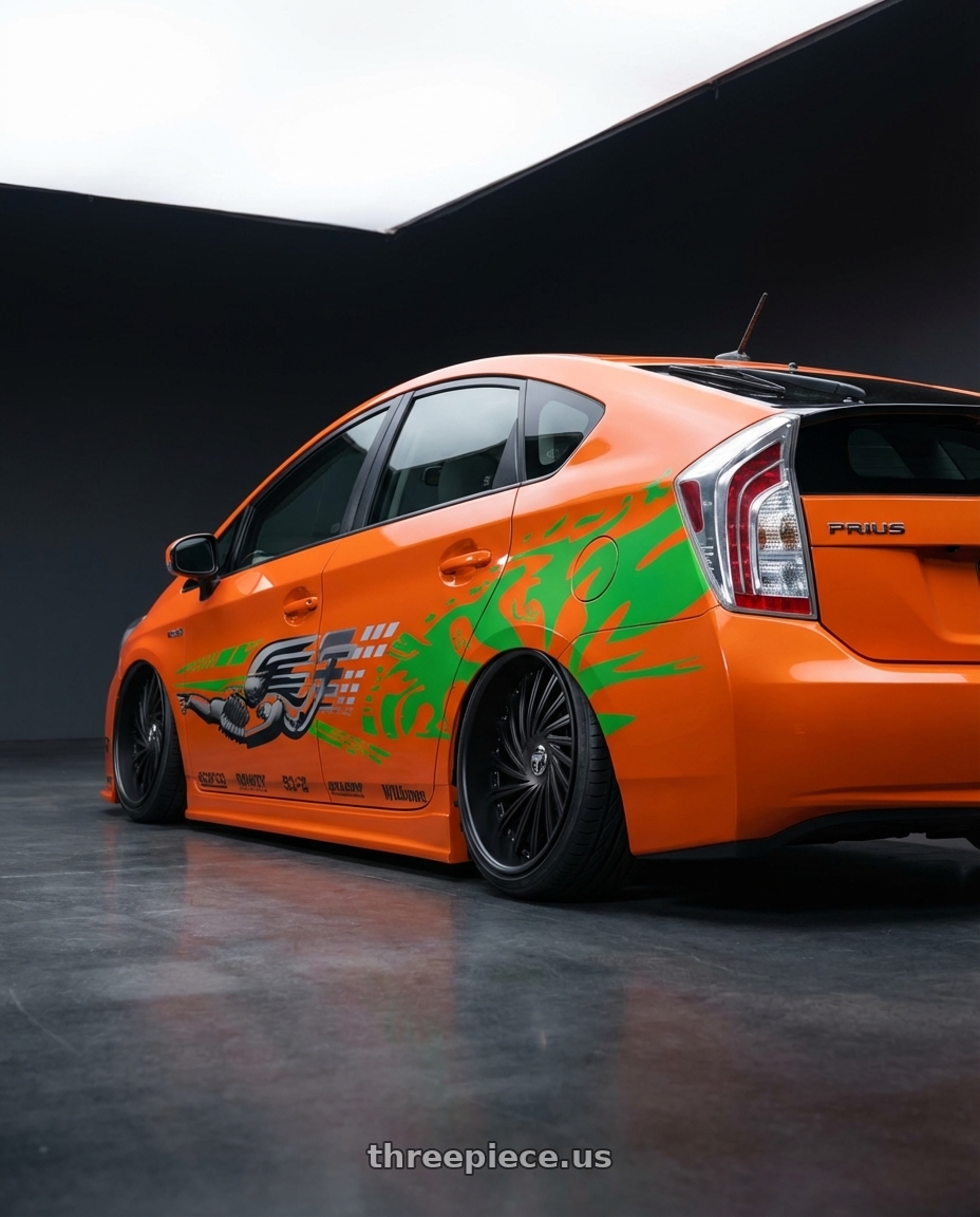 2011 Prius bruh with DUB 2PC S241 DAZED 5X120.65/5X127 28X10 +5 MATTE BLACK DOUBLE DARK TINT wheels rear three quarter view extreme stretch tires