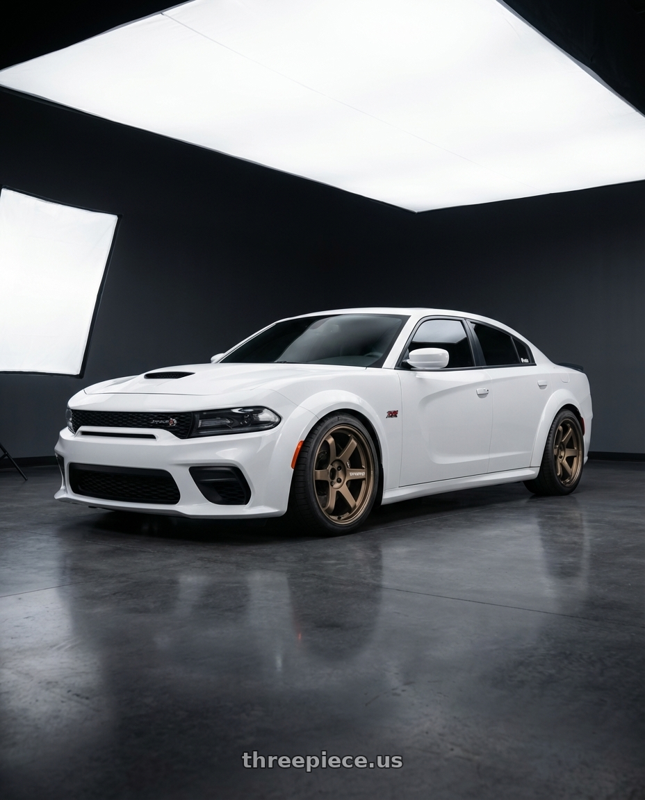 2020 Dodge Charger R/T Scat Pack widebody whiteknuckle  with Volk Racing TE37 Ultra M Spec 5x112 19x9.5+23 19x10.5+35 Bronze Almite Toyota Supra MK5 Spec wheels front three quarter view lowered stance