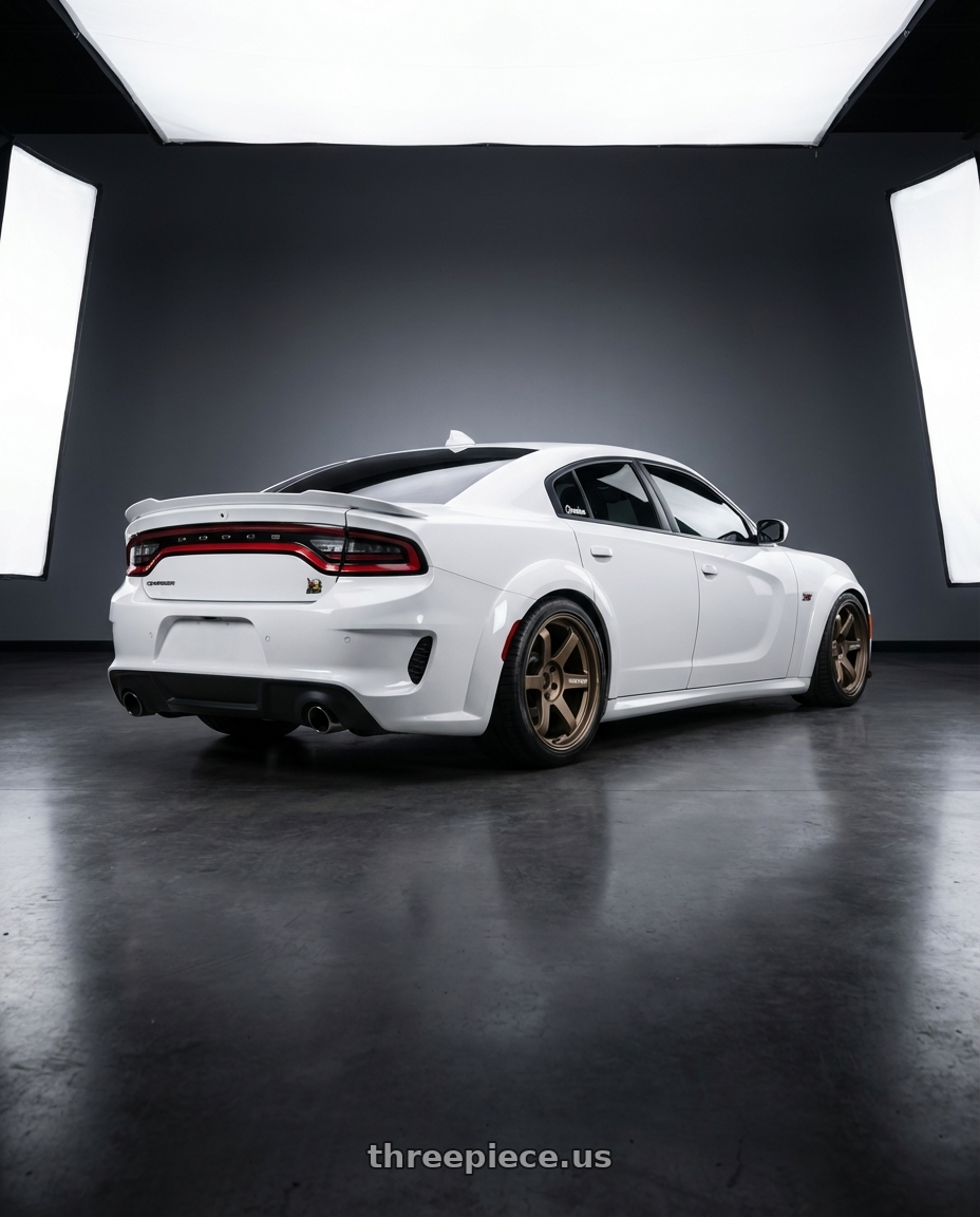 2020 Dodge Charger R/T Scat Pack widebody whiteknuckle  with Volk Racing TE37 Ultra M Spec 5x112 19x9.5+23 19x10.5+35 Bronze Almite Toyota Supra MK5 Spec wheels rear three quarter view square tires