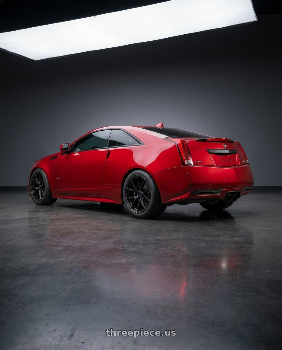 2011 Cadillac CTS-V red with Aodhan AFF7 5x120 20x9+30 Matte Black wheels rear three quarter view meaty tires