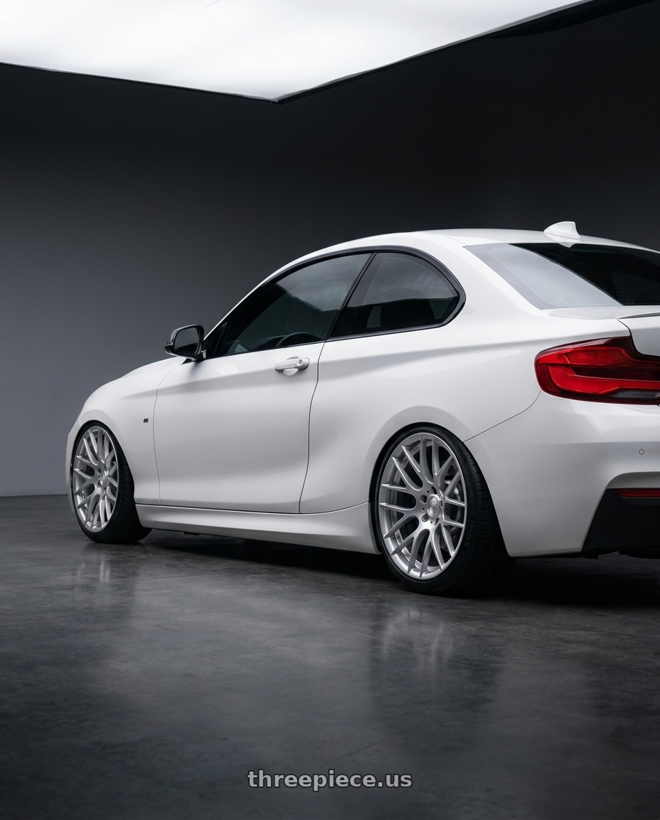 2018 BMW 2 Series F22 with Avant Garde Wheels M359 5X120 18x9.5 +33 Hyper Silver wheels rear three quarter view slight stretch tires
