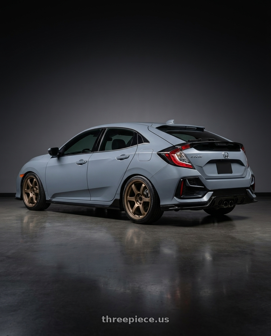 2021 Honda Civic sports hatchback with Gram Lights 57DR 5x114.3 18x9.5+38 Bronze II wheels rear three quarter view slight stretch tires
