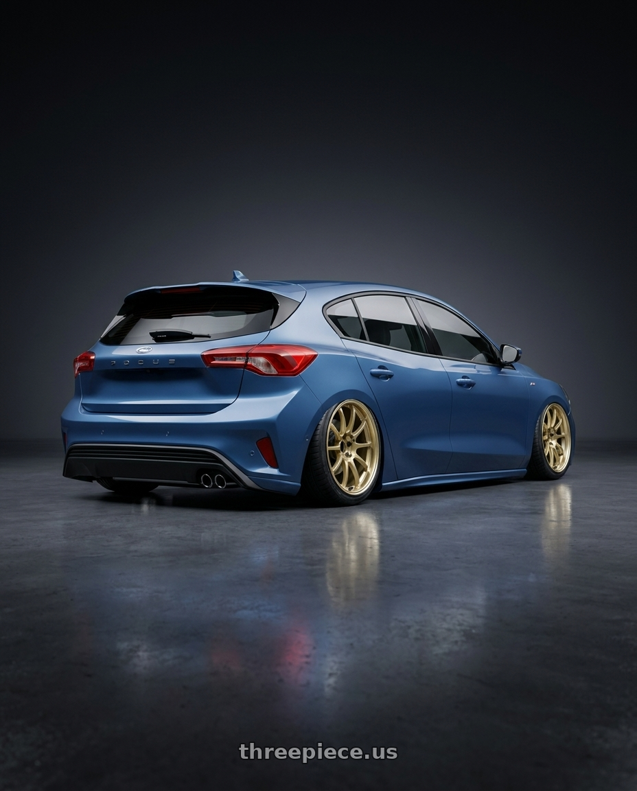 2020 Ford focus mk4 hatchback st line with Advan RCIII 5x114.3 18x8.5+53 Gold wheels rear three quarter view slight stretch tires