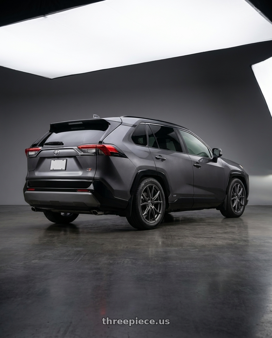 2025 Rav4 Gr Sport with Enkei DRACO 5x120 18x8.0+35 Anthracite wheels rear three quarter view square tires