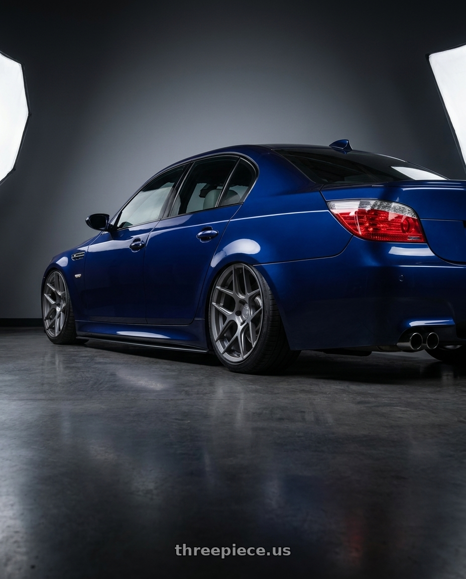 2010 BMW M5 E60 with Aodhan AFF2 5x120 19x9.5+35 Matte Gray wheels rear three quarter view slight stretch tires