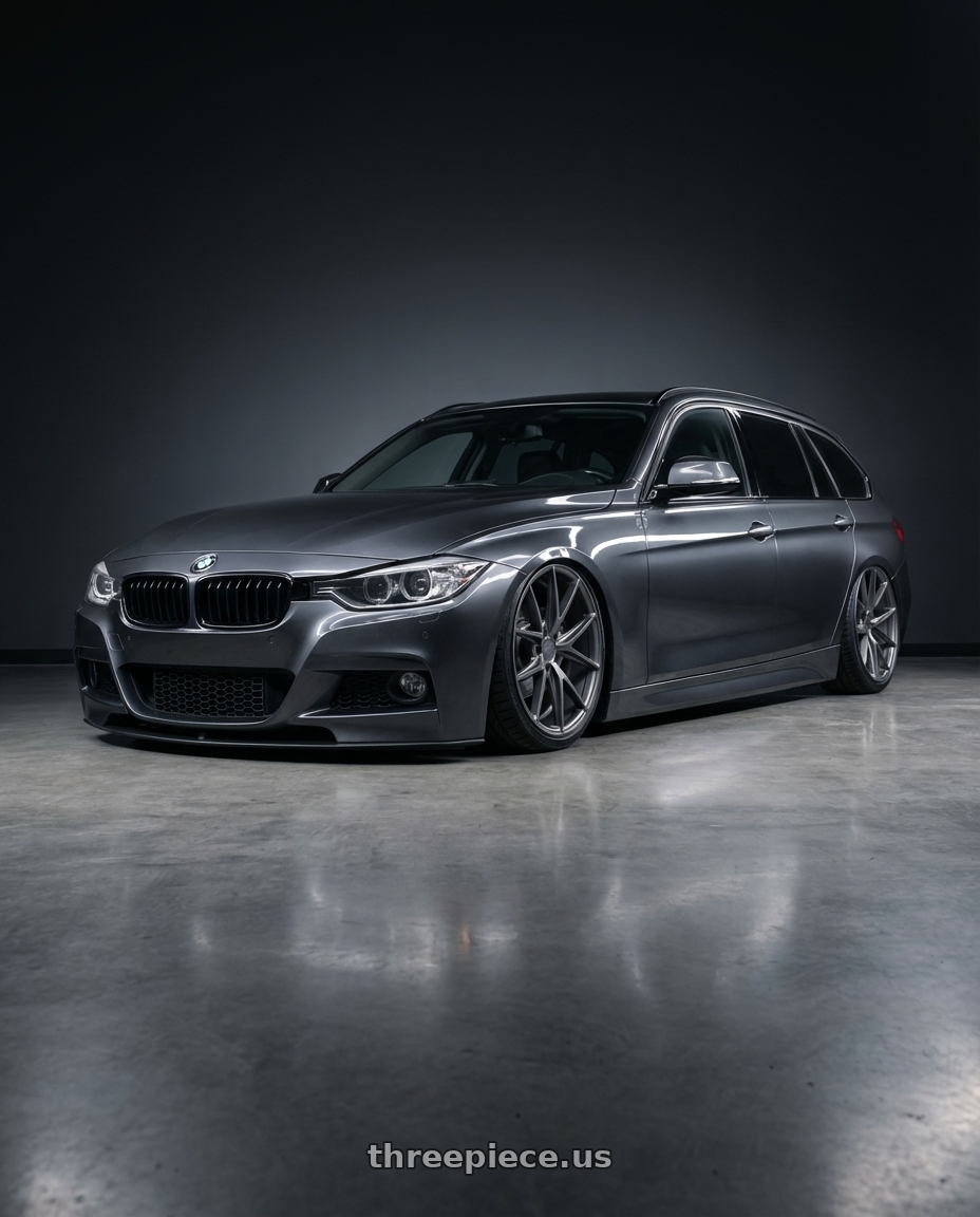 2016 BMW 3 Series F30 with Niche 1PC M116 MISANO 5X120 19X8.5 +35 MATTE GUN METAL wheels front three quarter view stanced stance