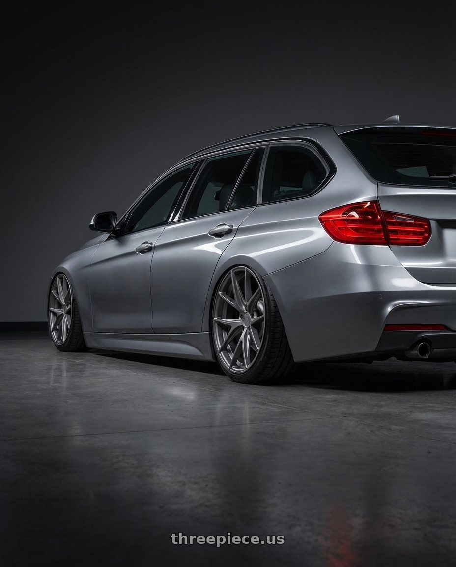 2016 BMW 3 Series F30 with Niche 1PC M116 MISANO 5X120 19X8.5 +35 MATTE GUN METAL wheels rear three quarter view slight stretch tires