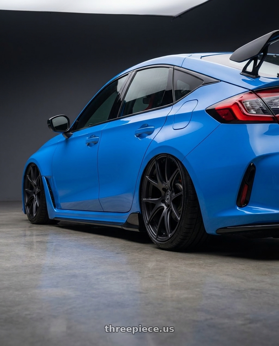 2020 Honda Civic Type R with Forgestar CF5V 5x120 19x9 +38 Satin Black wheels rear three quarter view slight stretch tires