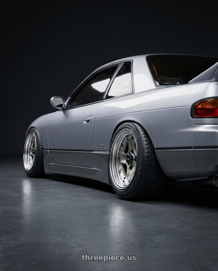 1992 Nissan Silvia  with Work Equip 40 4x100 15x7 -16 a disk Brut Silver wheels rear three quarter view extreme stretch tires